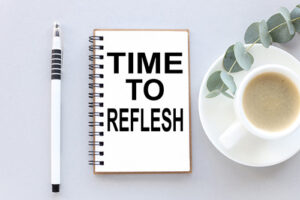 Time,To,Reflesh,,Text,On,White,Notepad,Paper.,Near,Cups